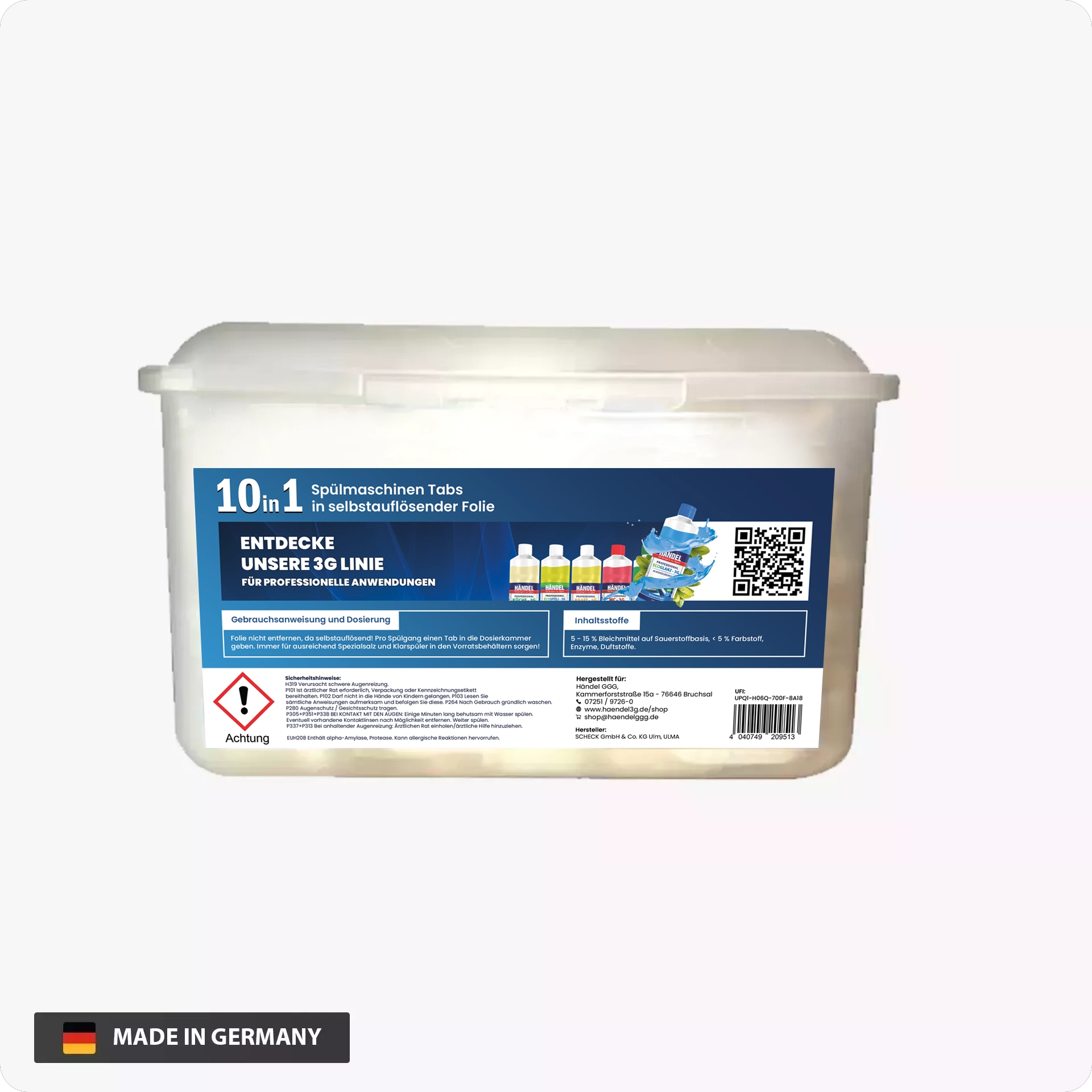 Geschirrtabs 3G | 10-in-1 | 60 Tabs | Mit Maschinenpflege & Fettlöser | Selbstlösende Folie | Für Porzellan, Glas, Edelstahl & Kunststoff